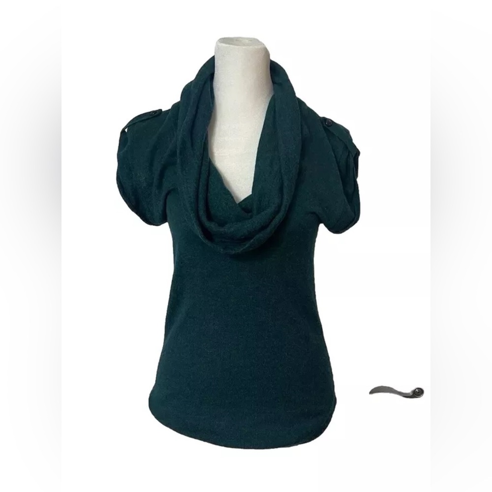 Womens Cowl Neck Sweater S Teal wool blend short sleeve button accent layering